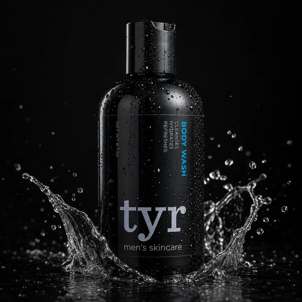 Black bottle of tyr men's skincare body wash with water splashes on a dark background