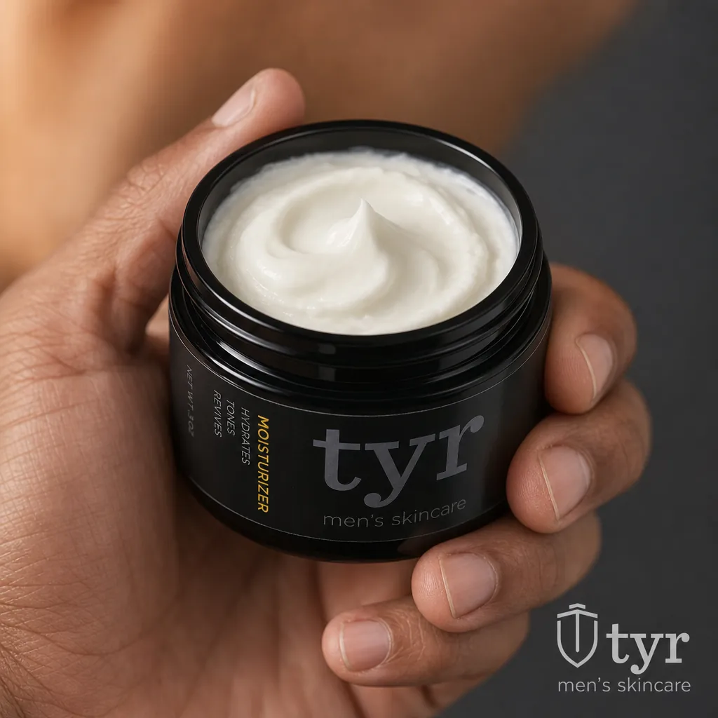 Hand holding a jar of Tyr men's skincare cream