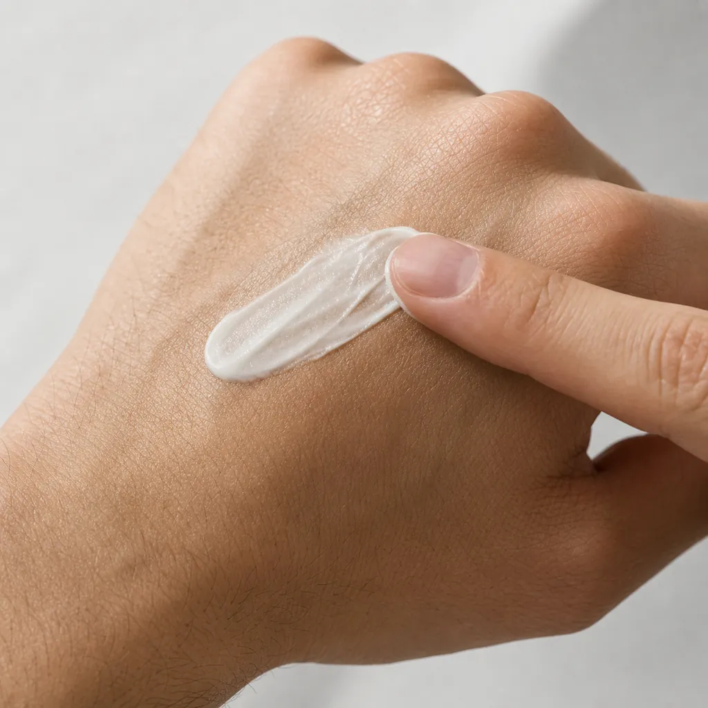 Hand applying a white cream to another hand against a neutral background