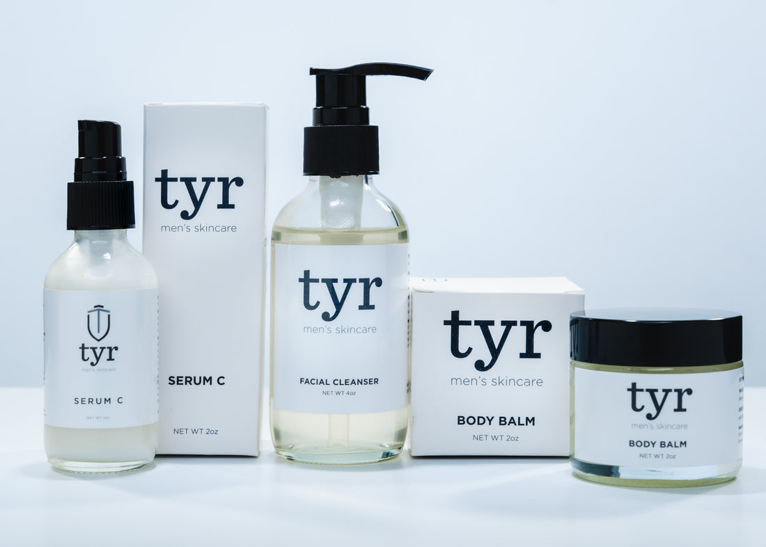 Full tyr skincare product collection on white background.